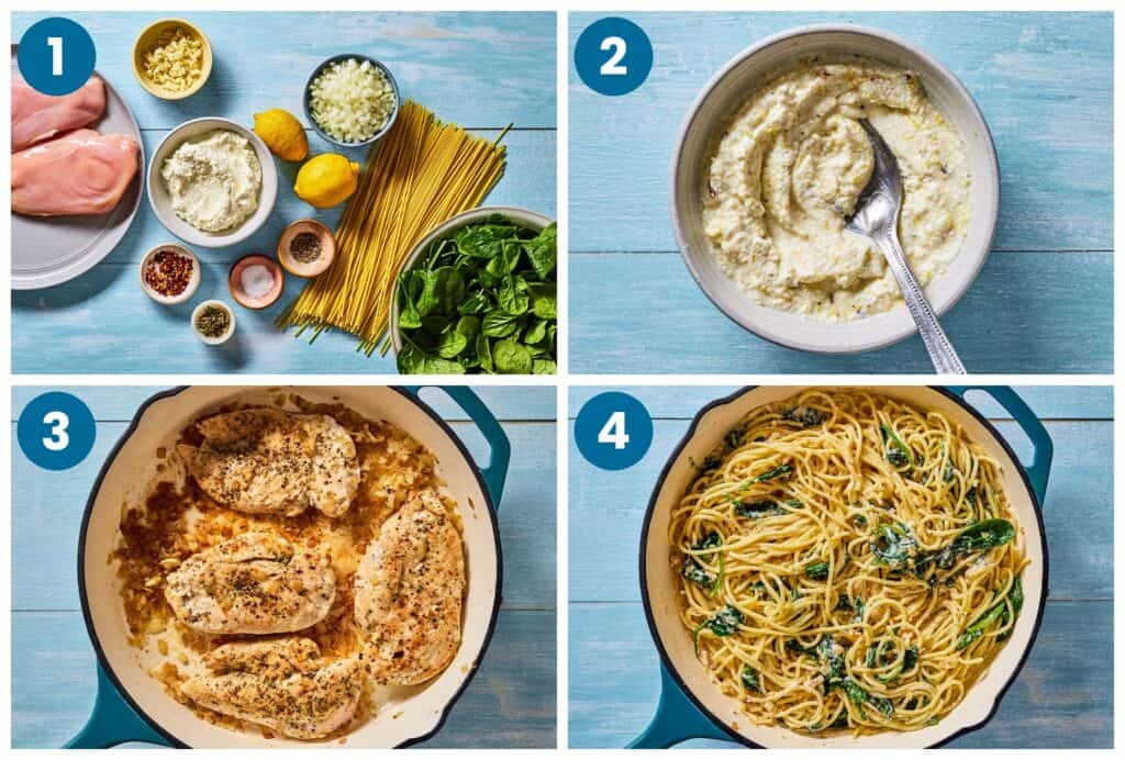 How to make lemon chicken pasta. Step 1: gather your ingredients, Step 2: make the lemon ricotta, Step 3: season and cook the chicken, Step 4: finish the dish with the cooked pasta, add the sliced chicken and serve.