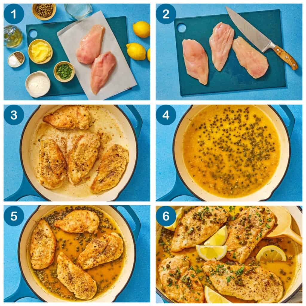 How to make chicken piccata. Step 1: gather your ingredients, Step 2: slice the chicken, Step 3: season and sear the chicken, Step 4: prepare the lemon sauce, Step 5: return the chicken to the pan with the sauce and simmer, Step 6: finish and serve.