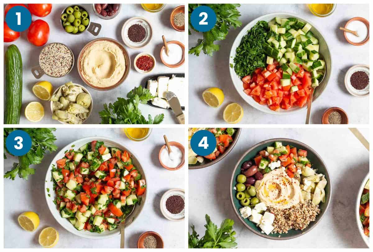 How to make the Mediterranean bowl recipe. Step 1: gather your ingredients, Step 2: add the ingredients for the Mediterranean salad to a bowl, Step 3: mix the salad, Step 4: assemble the ingredients and serve.