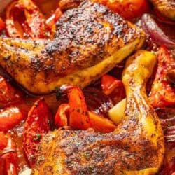 Spanish paprika chicken on a sheet pan.