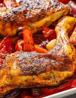 Spanish paprika chicken on a sheet pan.