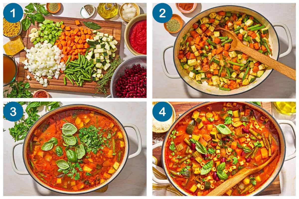 How to make minestrone soup. Step 1: gather your ingredients, Step 2: cook the pasta, soften the aromatics, and cook the veggies, Step 3: add the tomatoes broth and herbs and simmer, Step 4: finish and serve.