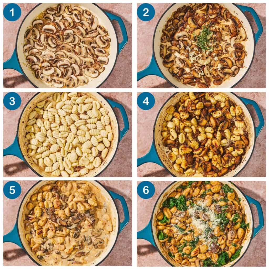 How to make mushroom gnocchi. Step 1: sear the mushrooms, Step 2: add the garlic and thyme to the mushrooms, Step 3: sizzle the gnocchi, Step 4: deglaze the pan, Step 5: make the sauce, Step 6: stri in the cheese, finish and serve.