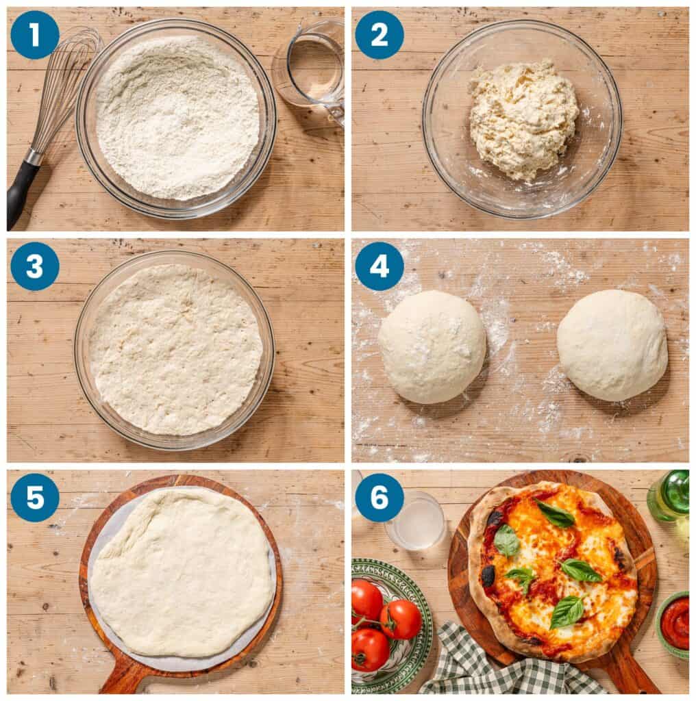 How to make Neapolitan pizza dough. Step 1: gather the ingredients, Step 2: mix the dough, Step 3: let the dough rise, Step 4: shape the dough into balls, Step 5: stretch the dough into a crust, Step 6: add the toppings and bake.