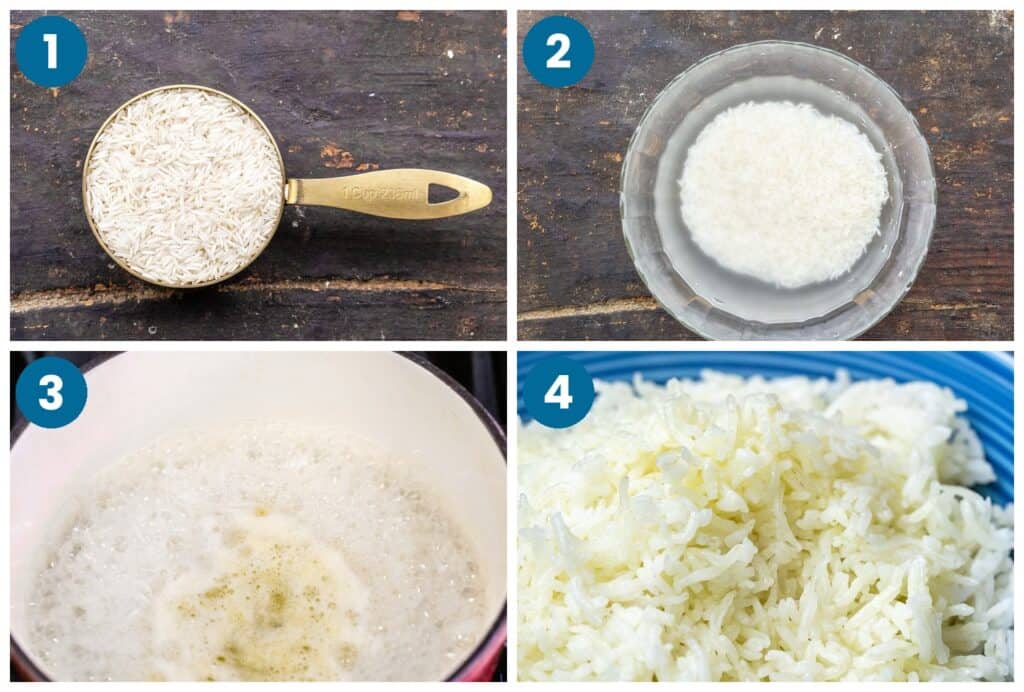 How to make the basmati rice recipe. Step 1: measure the rice, Step 2: rinse the rice, Step 3: boil the rice, Step 4: finish and serve.