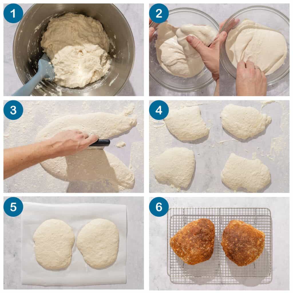How to make pan de cristal. Step 1: Make the dough and knead in a stand mixer, Step 2: fold and stretch the dough, Step 3: divide the dough into to pieces, Step 4: divide the dough into 4 pieces Step 5: proof the divided dough, Step 6: bake and cool the bread on a wire rack.