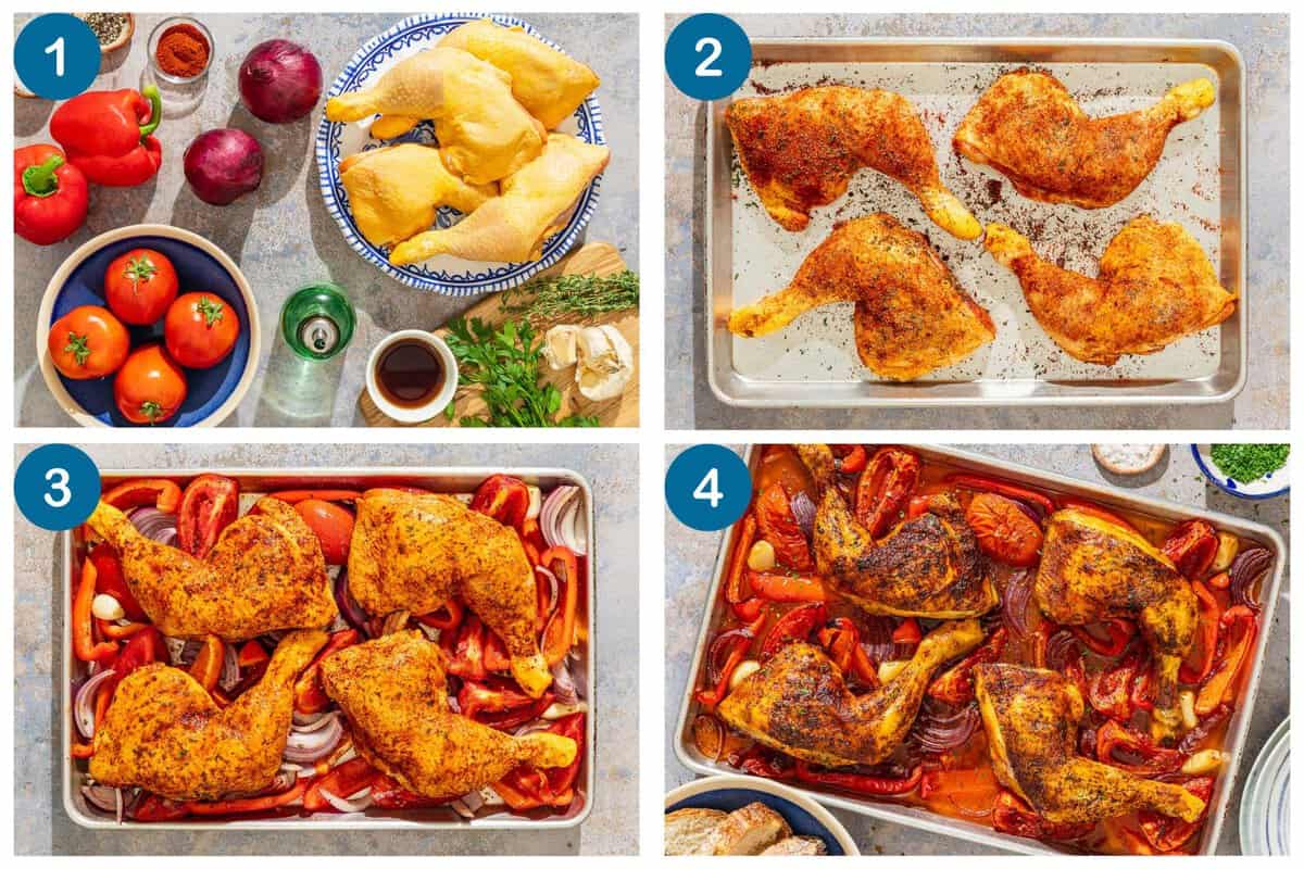 How to make Spanish paprika chicken. Step 1: gather your ingredients. Step 2: season the chicken, Step 3: place the veggies and chicken on a sheet pan. Step 4: bake and serve.
