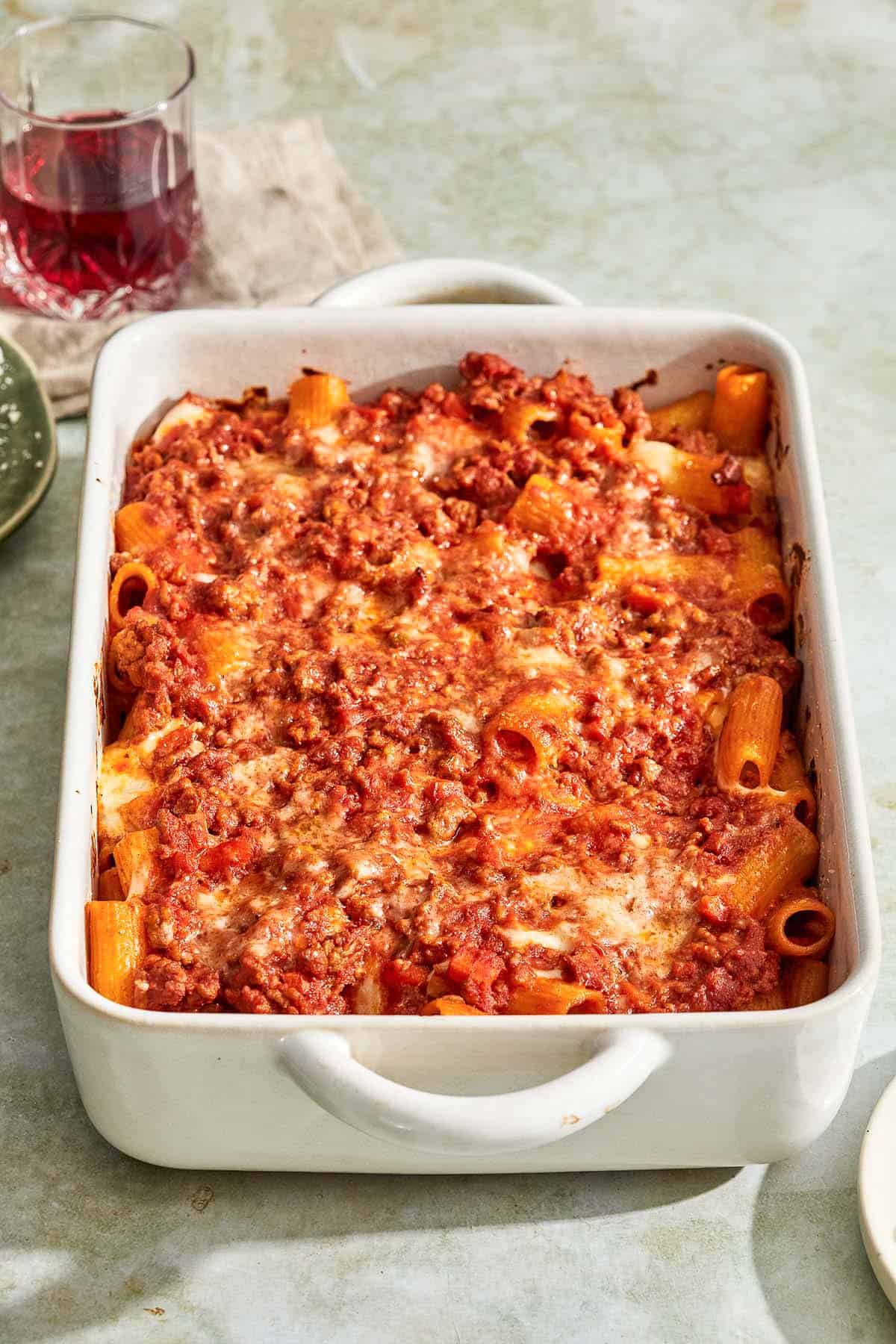 Pasta al forno in a baking dish.