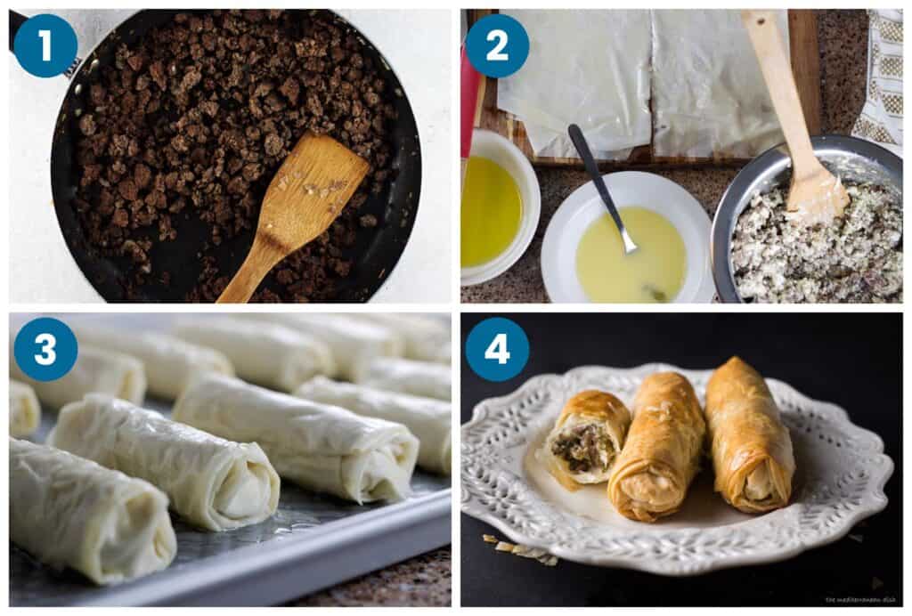 How to make phyllo dough meat and feta rolls. Step 1: cook the ground beef and spices, Step 2: make the filling, Step 3: fill the phyllo dough rolls, Step 4: bake and serve.