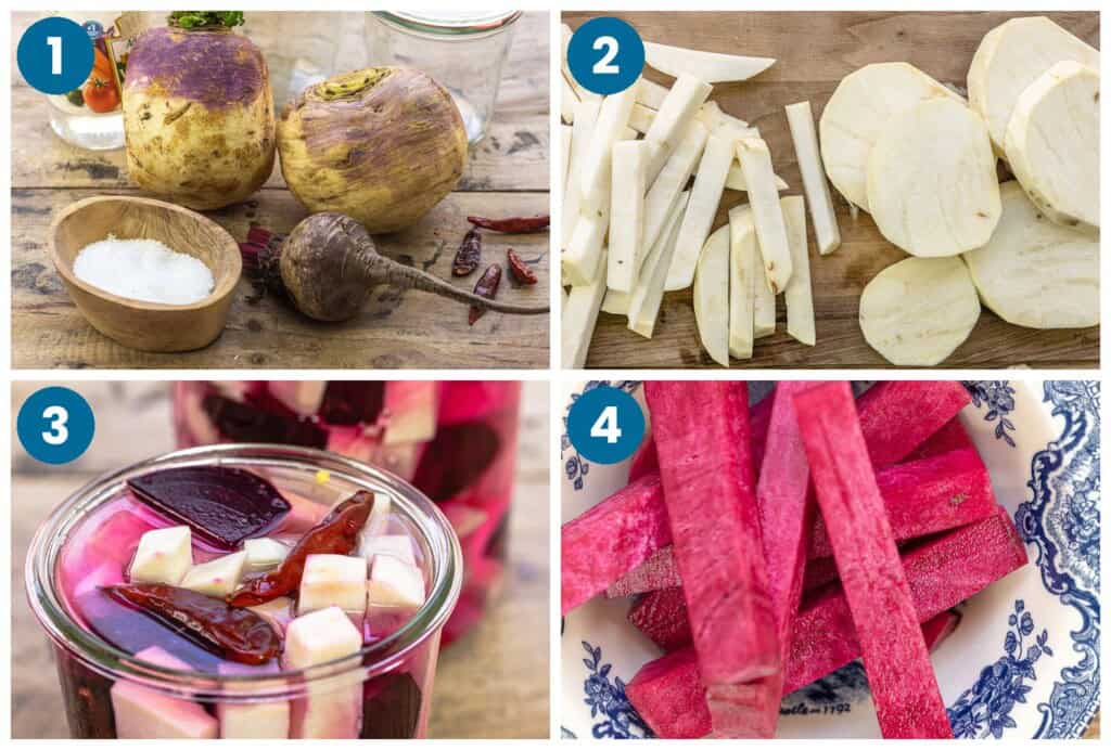 How to make pickled turnips. Step 1: gather your ingredients, Step 2: slice the turnips into batons, Step 3: add the turnips, beets, and brine to a jar and refrigerate for 5 days, Step 4: serve.