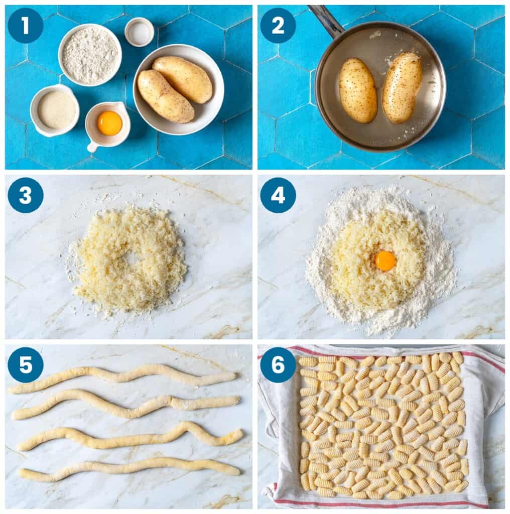 How to make potato gnocchi. Step 1: gather your ingredients, Step 2: boil the potatoes, Step 3: rice the potatoes and make a well in the center of the rice potato pile on the table, Step 4: incorporate the egg yolk and flour, Step 5: roll the dough into ropes, Step 6: shape the gnocchi and dry.