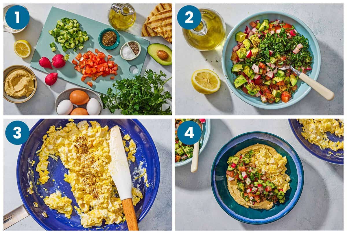 How to make breakfast hummus bowls. Step 1: gather your ingredients, Step 2: make the salad topping, Step 3: make the eggs, Step 4: assemble the bowls and serve.