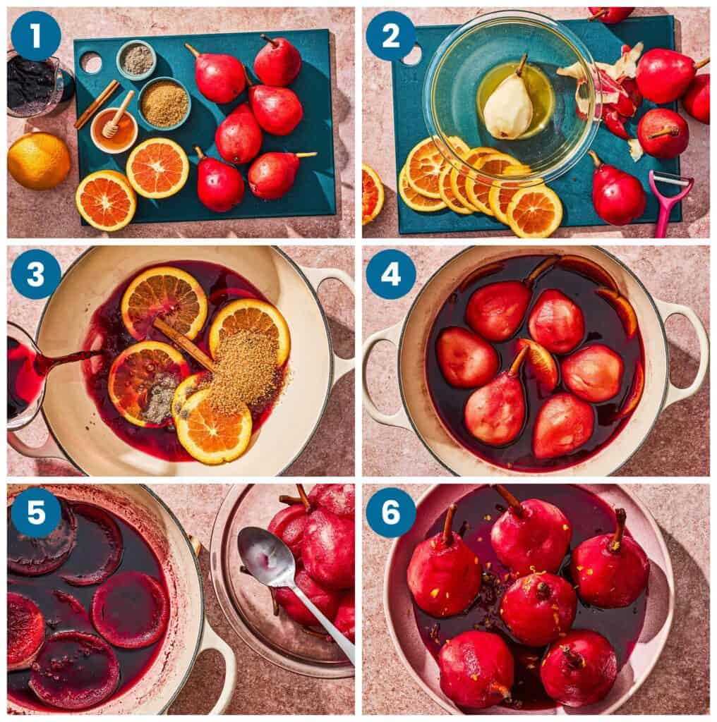 How to make poached pears. Step 1: gather your ingredients, Step 2: prepare the fruit, Step 3: prepare the poaching liquid, Step 4: poach the pears, Step 5: remove the pears from the poaching liquid, Step 6: finish and serve.
