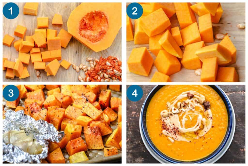 How to make roasted butternut squash soup. Step 1: cut the squash in half and remove the seeds, Step 2: cube the butternut squash, Step 3: roast the squash, onions and garlic, Step 4: roast, simmer, blend and serve the soup.