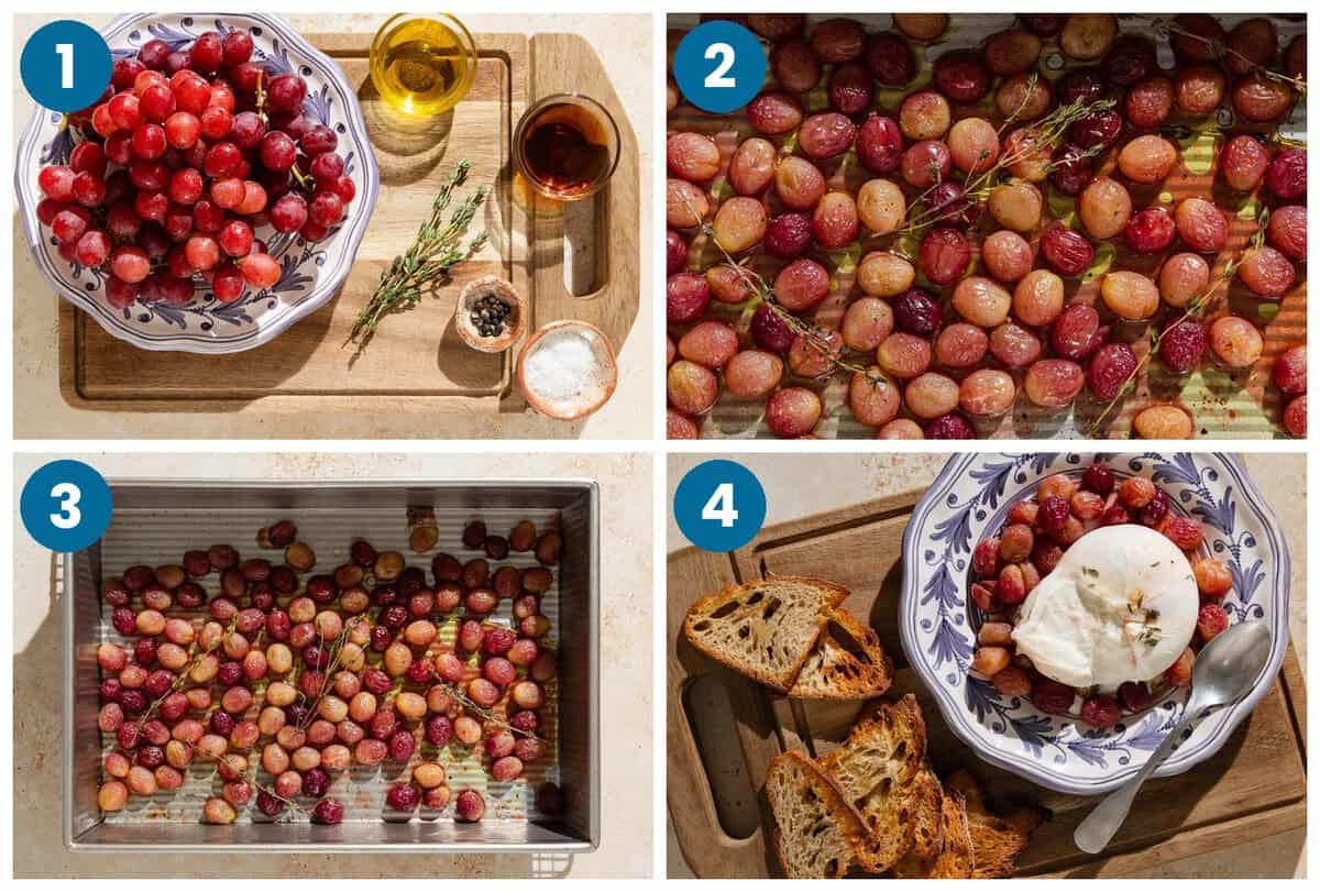 How to make roasted grapes. Step 1: gather your ingredients, Step 2: place the grapes on a pan and season, Step 3: bake the grapes, Step 4: finish and serve.