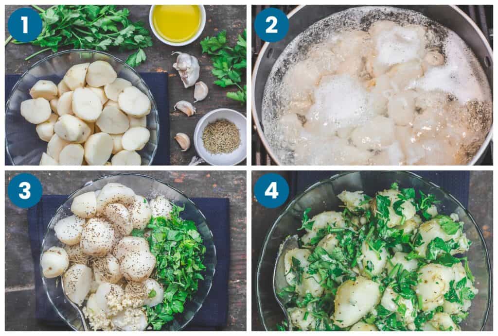 How to make boiled potatoes. Step 1: gather your ingredients, Step 2: boil the potatoes, Step 3: drain potatoes and add them to a bowl with the rest of the ingredients, Step 4: mix together and serve.