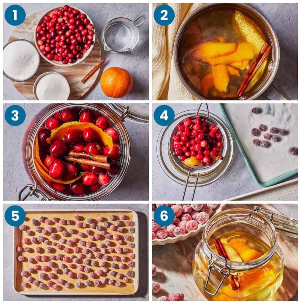 How to make sugared cranberries. Step 1: gather your ingredients, Step 2: make the simple syrup, Step 3: and the cranberries and simple syrup to a jar and refrigerate, Step 4: sugar the berries, Step 5: place the sugared berries on a sheet pan to dry. Step 6: finish and serve.