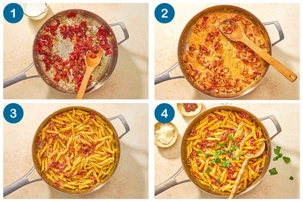 How to make sun dried tomato pasta. Step 1: cook the shallots, garlic, and sun dried tomatoes, Step 2: add the milk and pasta water, Step 3: add the cooked pasta, Step 4: finish and serve.
