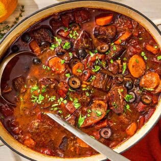 Daube provencal in a large pot with a ladle.