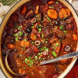 A pot of daube provencal with a ladle.