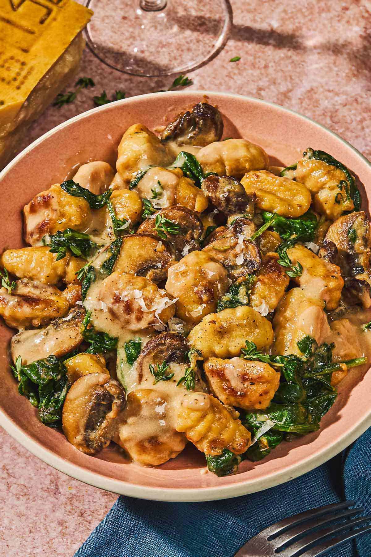 Mushroom gnocchi in a bowl.