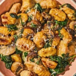 Mushroom gnocchi in a bowl.