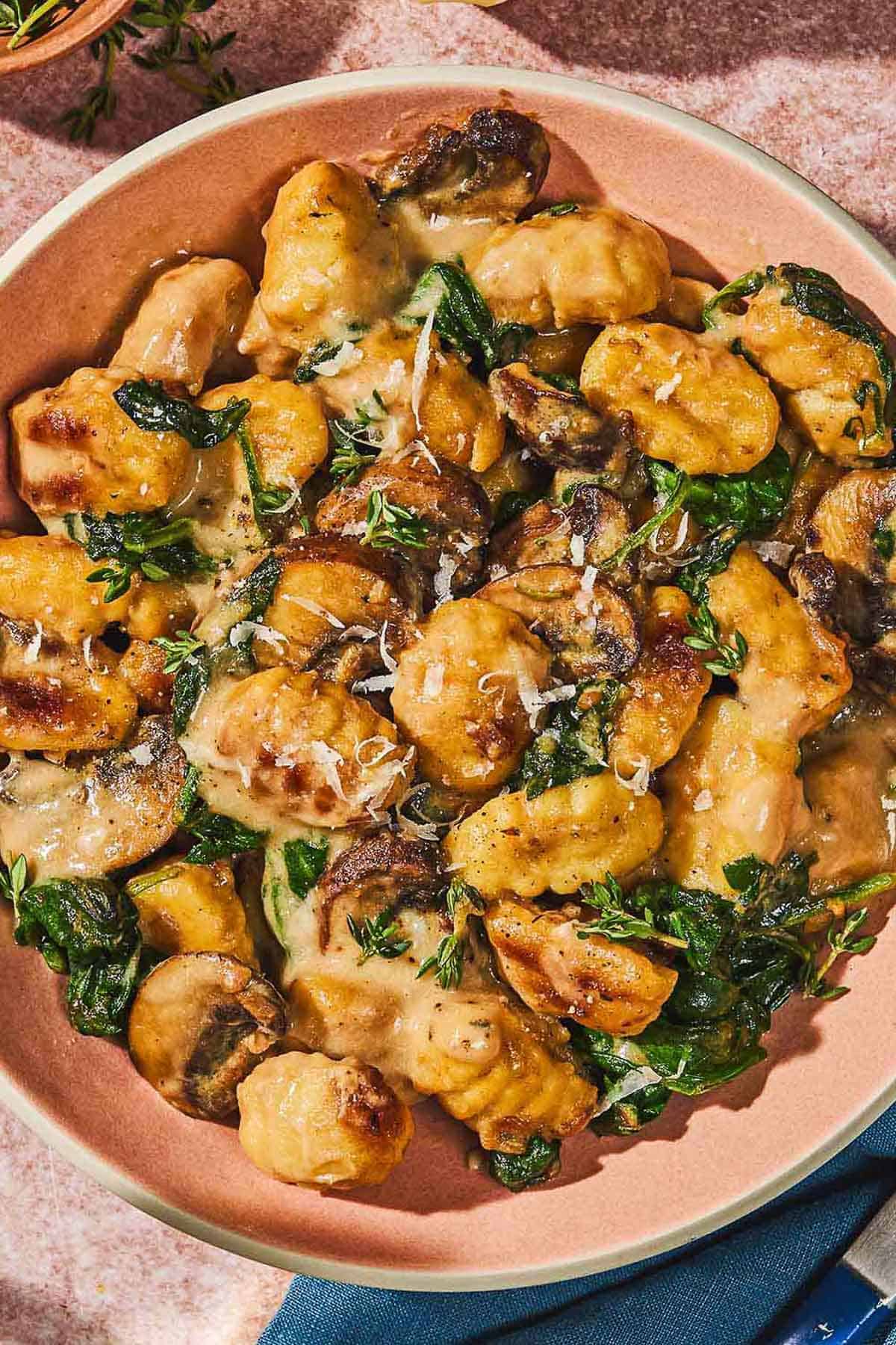 Mushroom gnocchi in a bowl.