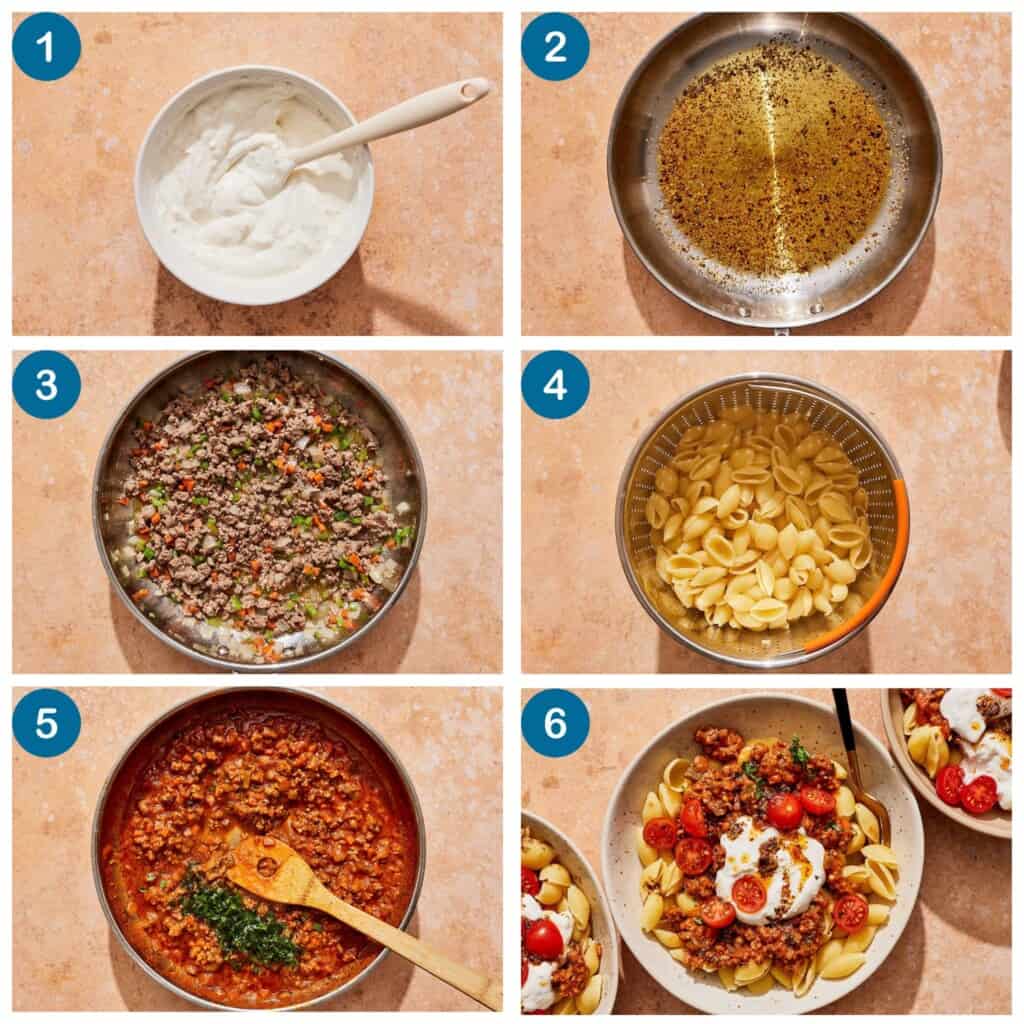 How to make turkish pasta. Step 1: make the garlic yogurt, Step 2: make the spiced oil, Step 3: sauté the vegetables and meat, Step 4: cook and drain the pasta, Step 5: make the meat sauce, Step 6: add the pasta to bowls and top with the meat sauce, garlic yogurt, spiced oil and cherry tomatoes.