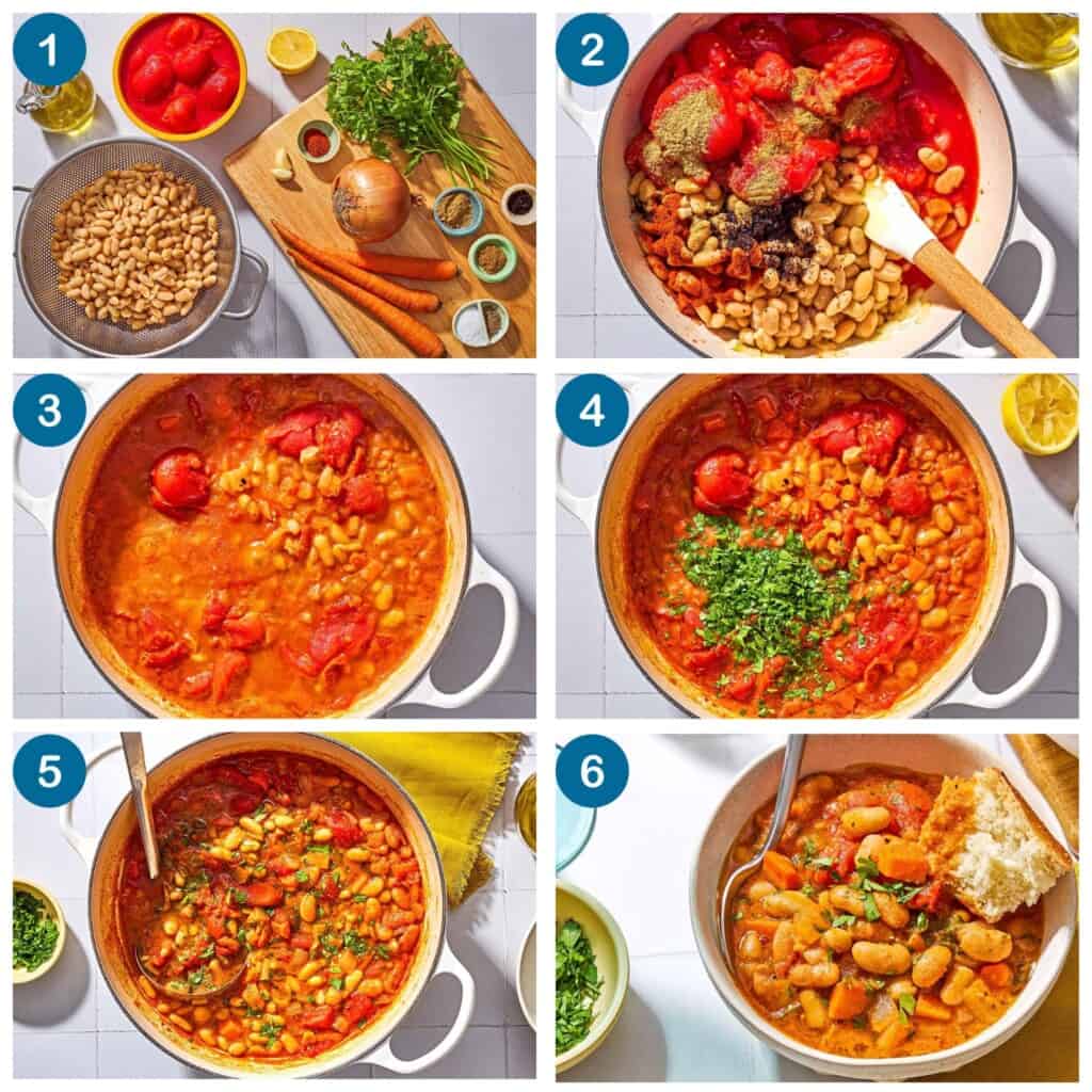 How to make white bean stew. Step 1: Gather your ingredients, Step 2: sauté the veggies and add the beans and tomatoes, Step 3: boil, then simmer, Step 4: add the lemon juice and parsley, Step 5: stir the stew, Step 6: add to bowls and serve.