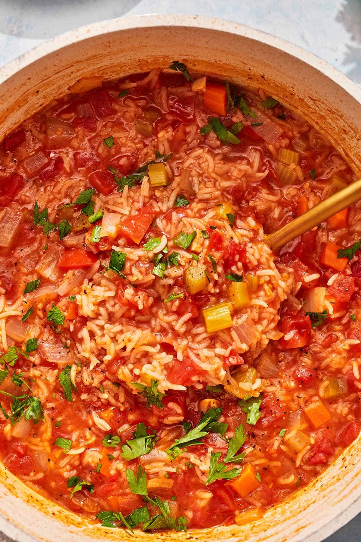 Tomato rice soup garnished with parsley in a large pot with a ladle.